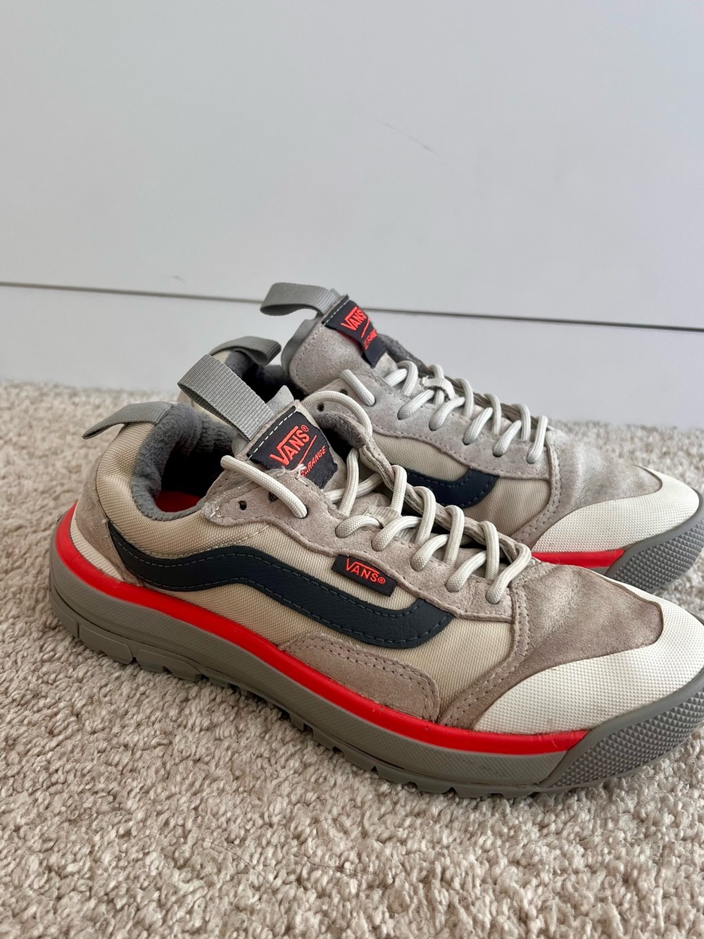 Vans Beige, Gray & Red Low-Top Sneakers with Navy Side Stripe